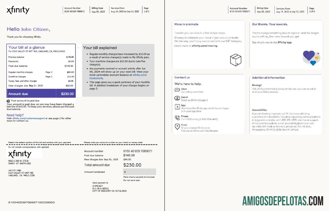 imprimível Modelo de fatura de serviços públicos Xfinity dos EUA em formatos Word e PDF, 3 páginas, versão 3, 1 2 páginas